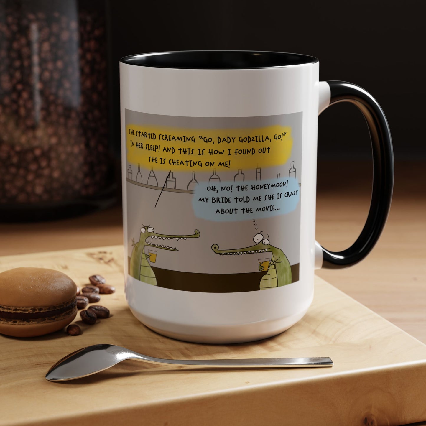 Godzilla Love Story With Two Crocodiles In A Bar And The Honeymoon Cartoon Accent Coffee Mug (11, 15oz)