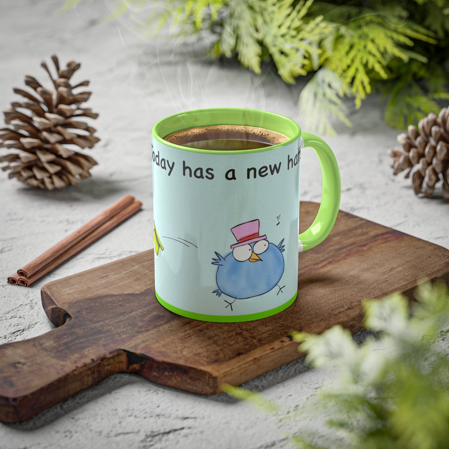 Mug With Optimism Message About Today Cartoon Of Running Blue Bird Wearing A Pink Fedora Hat accented mug 11oz