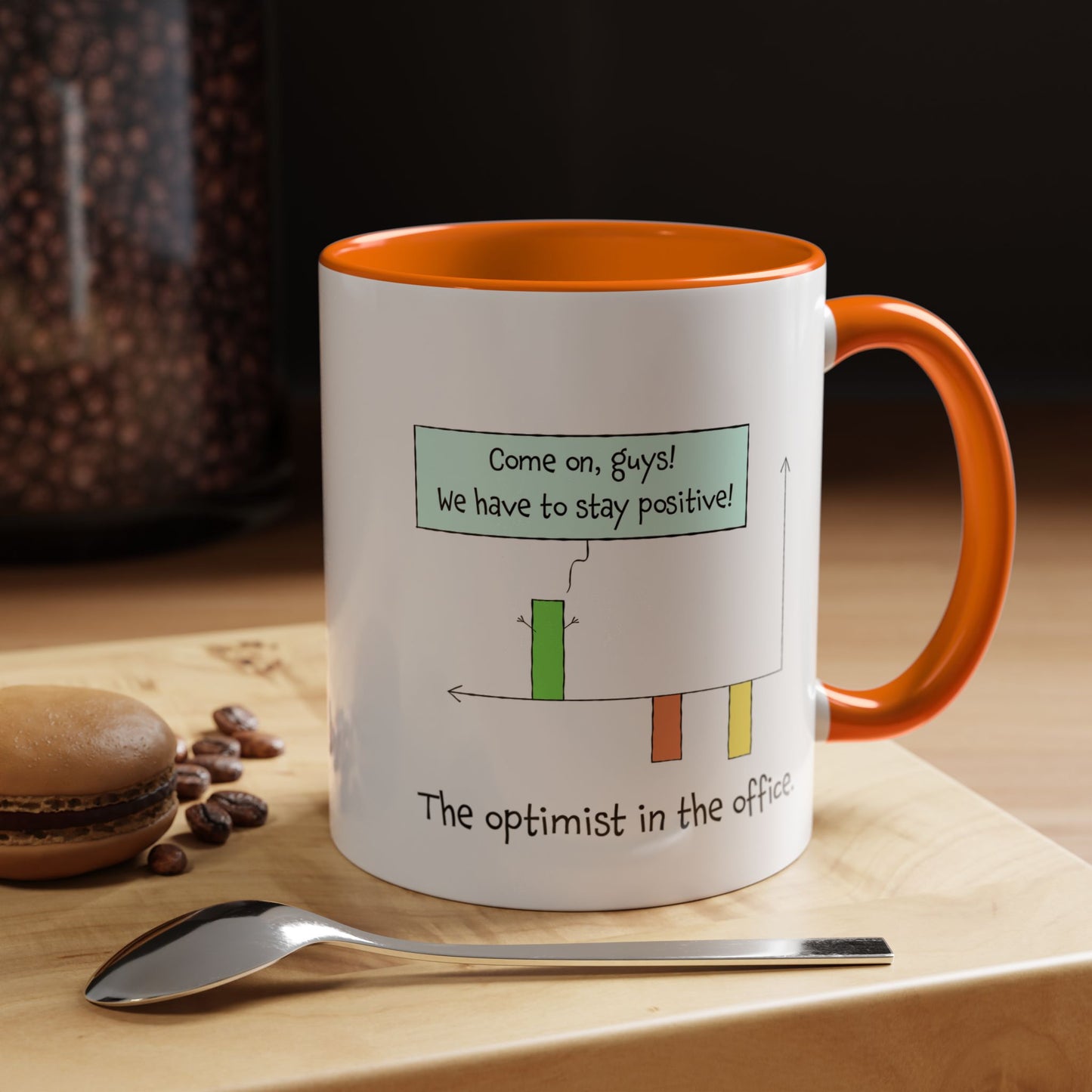 The Optimist In The Office And Positive Attitude pun joke colorful accent coffee mug 11oz and 15oz