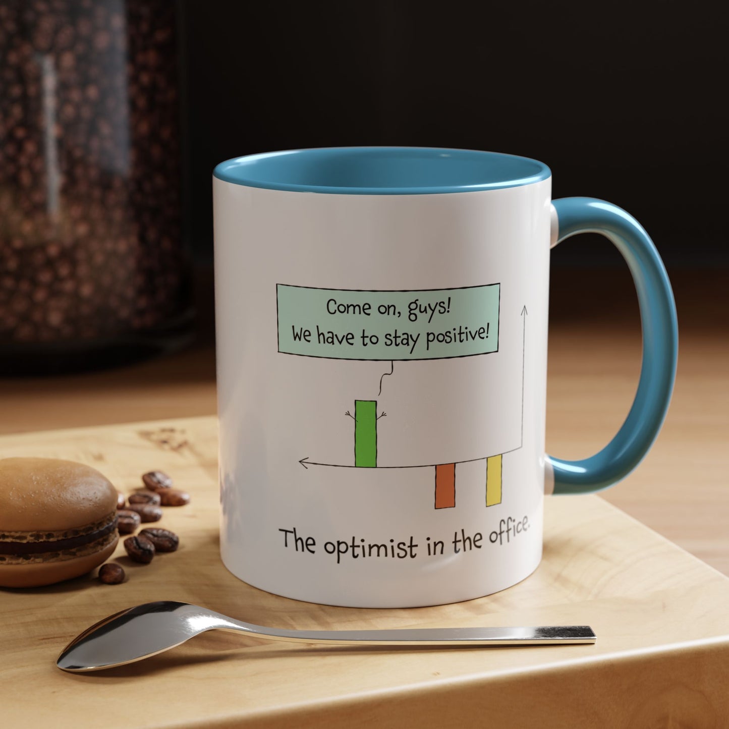 The Optimist In The Office And Positive Attitude pun joke colorful accent coffee mug 11oz and 15oz