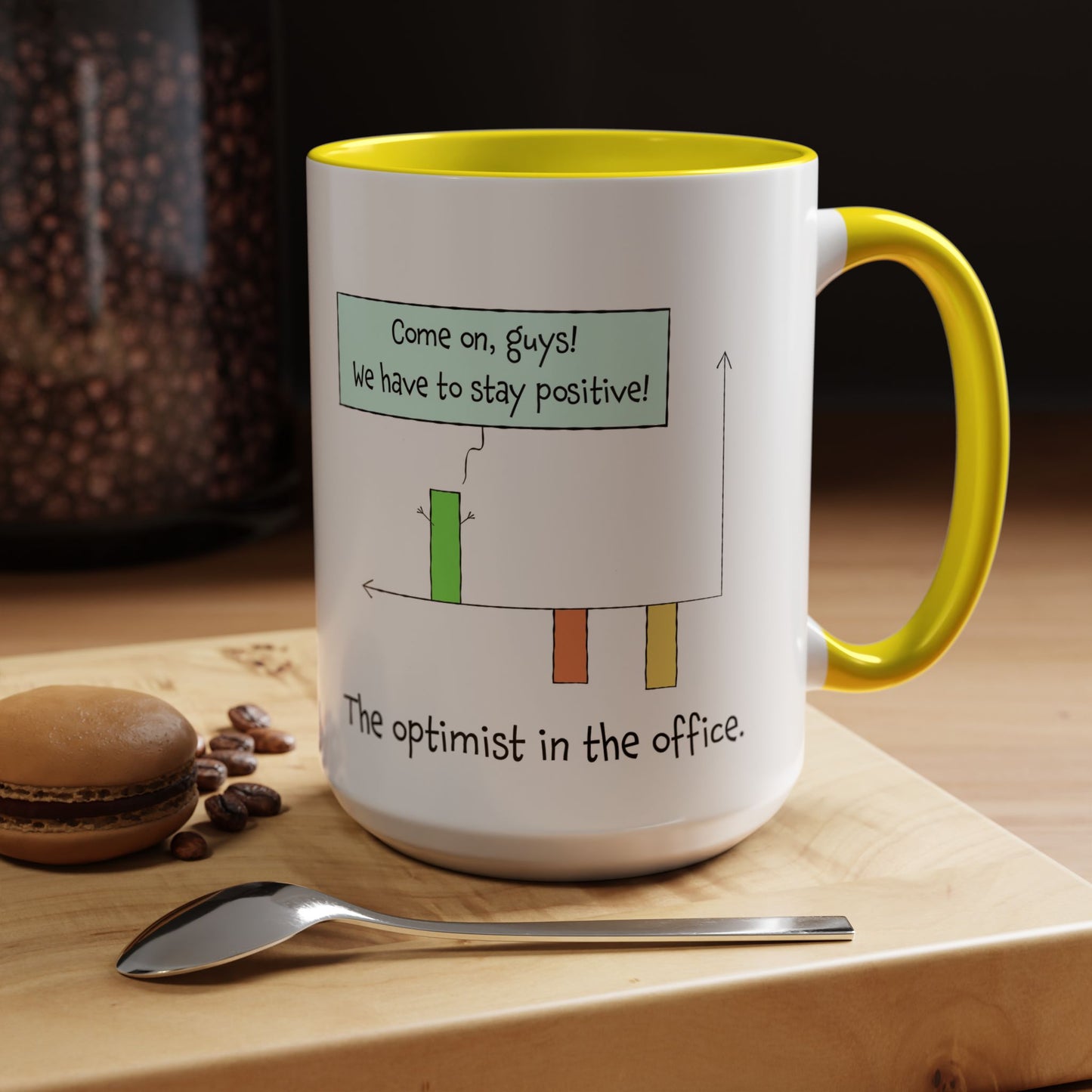 The Optimist In The Office And Positive Attitude pun joke colorful accent coffee mug 11oz and 15oz