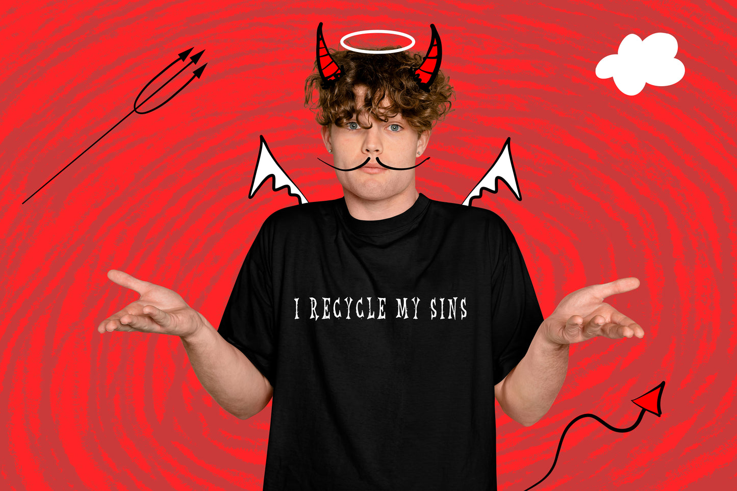 Sarcastic Humor Joke Hell And Heavens Black T-Shirt With White White Letters Unisex Softstyle Cotton Shirt