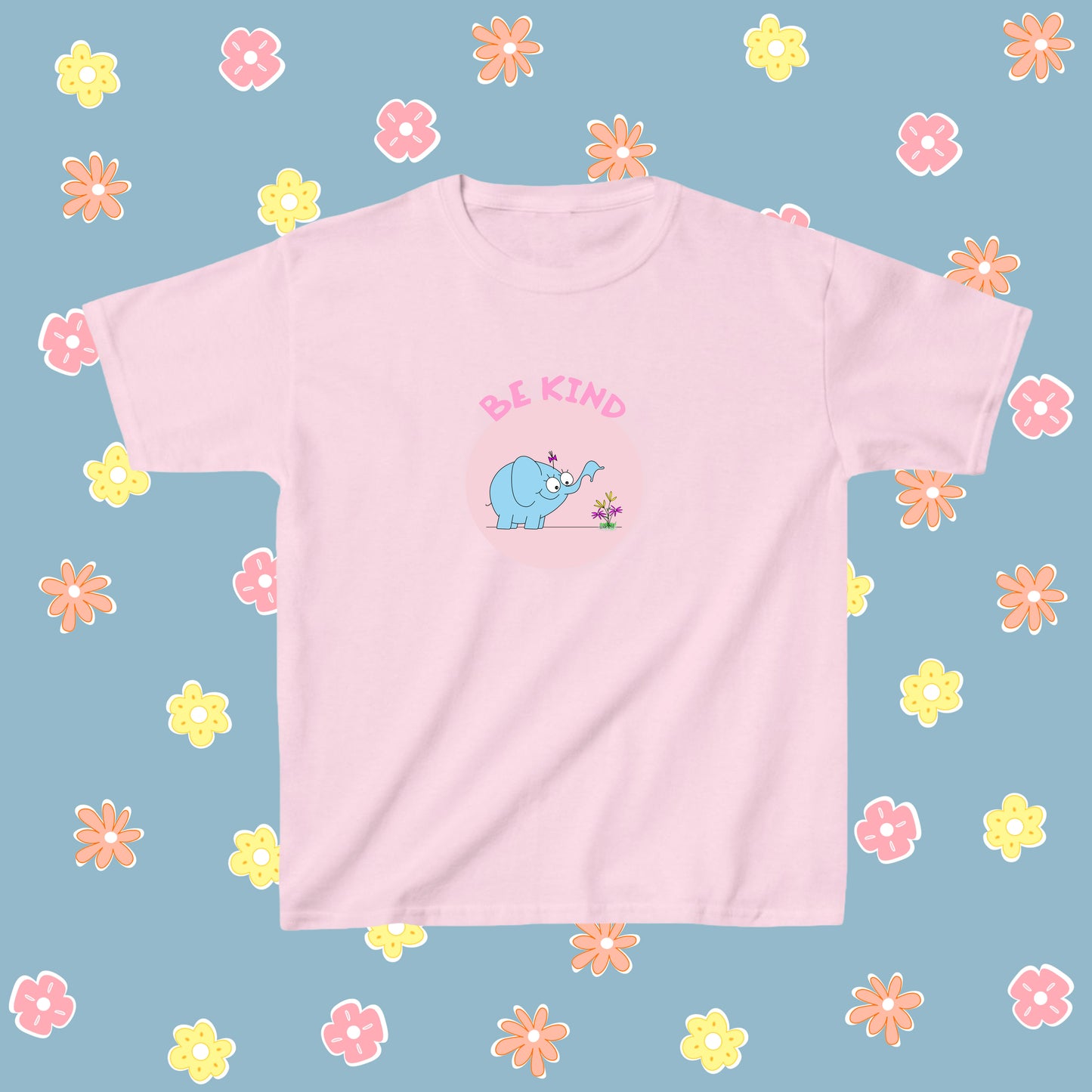 Cute Blue Elephant Watering Beautiful Flowers In The Garden Be Kind soft cotton t-shirt for pre-teen or teenage girls