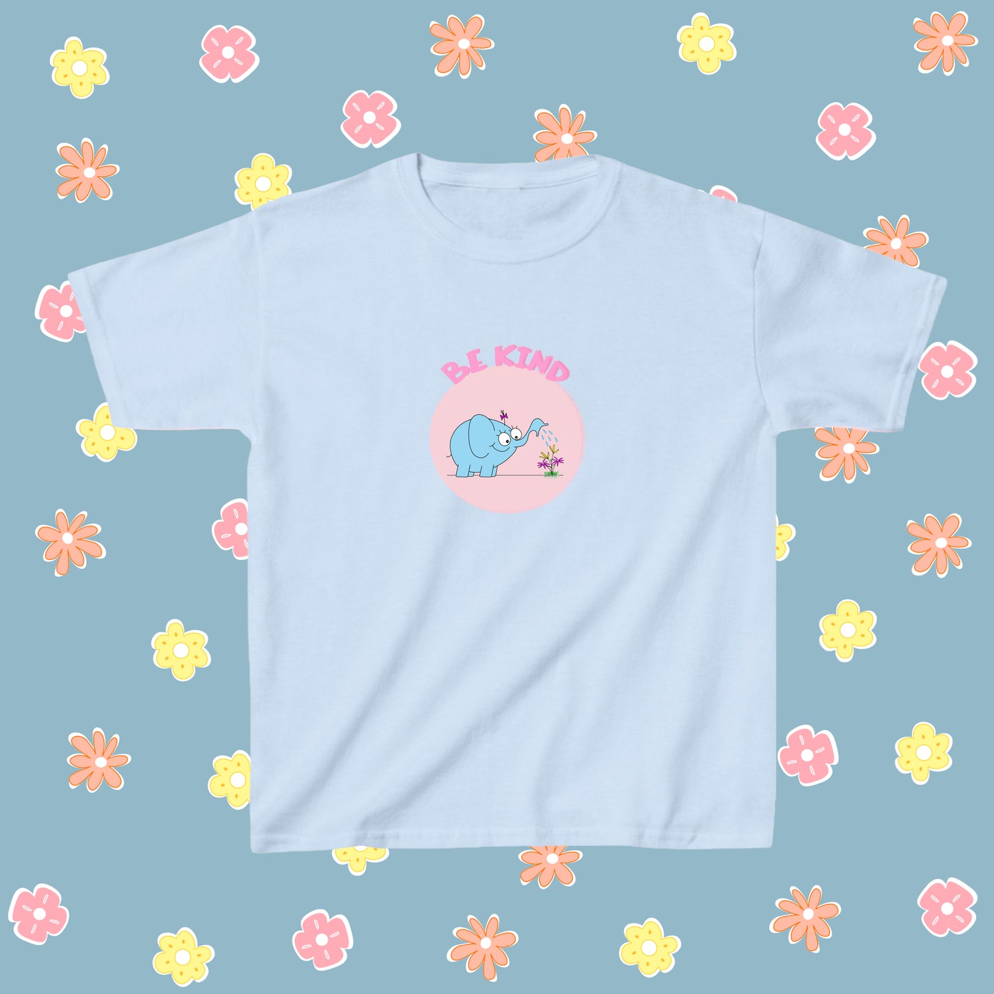 Cute Blue Elephant Watering Beautiful Flowers In The Garden Be Kind soft cotton t-shirt for pre-teen or teenage girls