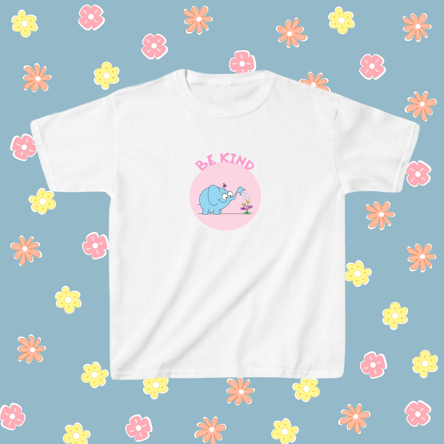 Cute Blue Elephant Watering Beautiful Flowers In The Garden Be Kind soft cotton t-shirt for pre-teen or teenage girls