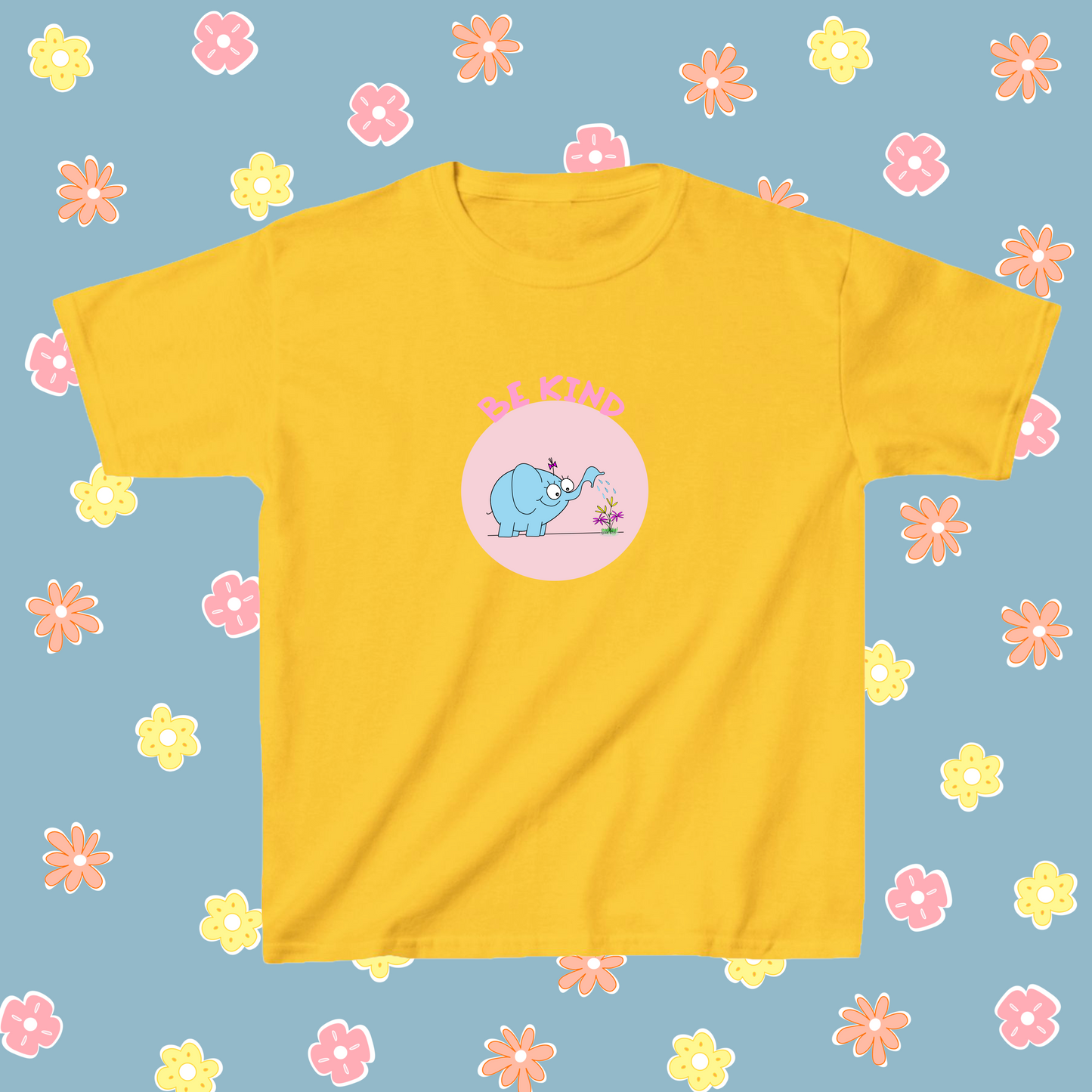 Cute Blue Elephant Watering Beautiful Flowers In The Garden Be Kind soft cotton t-shirt for pre-teen or teenage girls