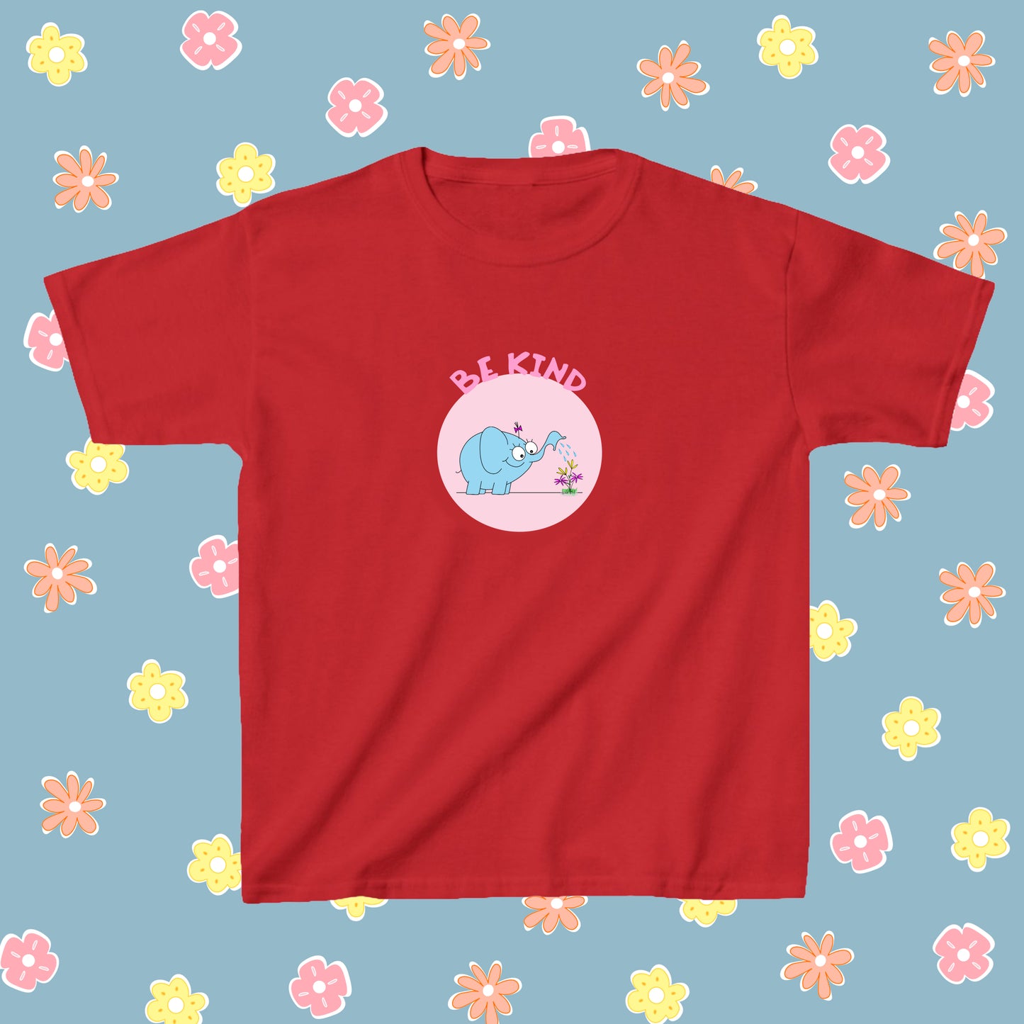 Cute Blue Elephant Watering Beautiful Flowers In The Garden Be Kind soft cotton t-shirt for pre-teen or teenage girls