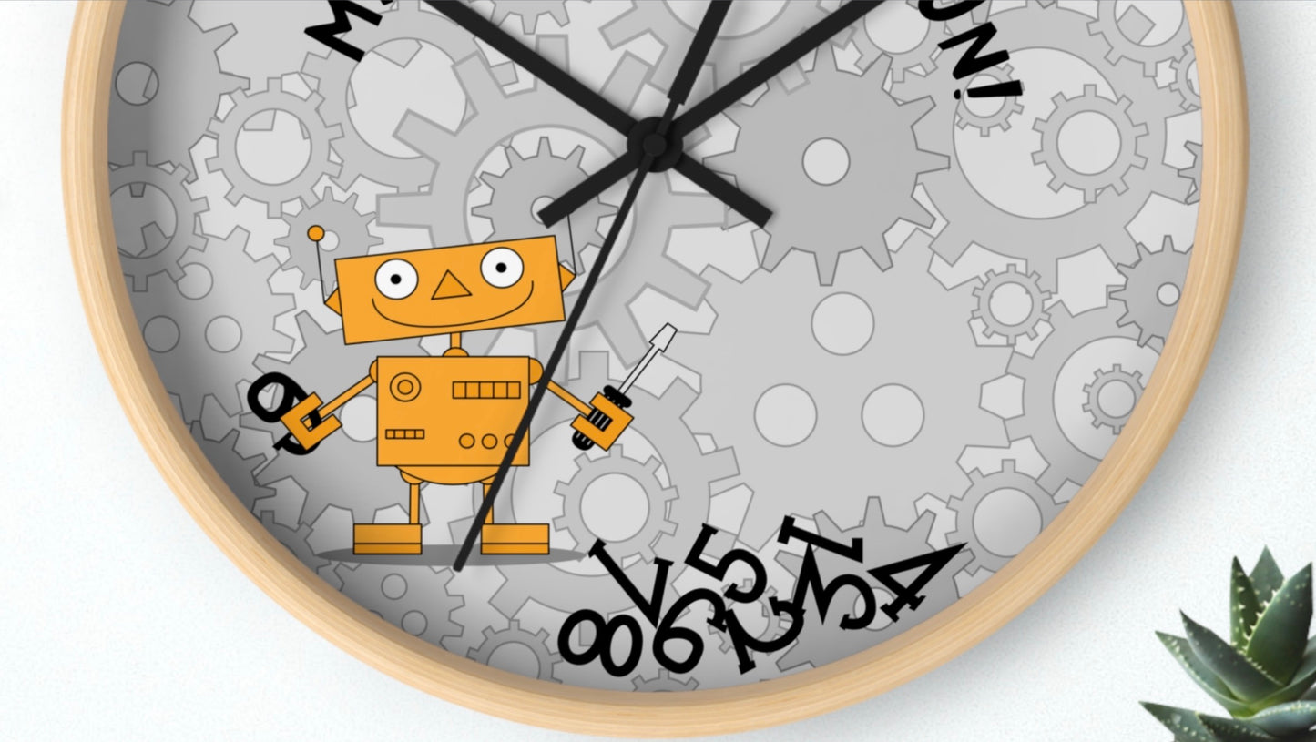 Funny Robot Wall Clock For Kids' Room Make Time for Fun With Black and Wooden Frame 10 inches