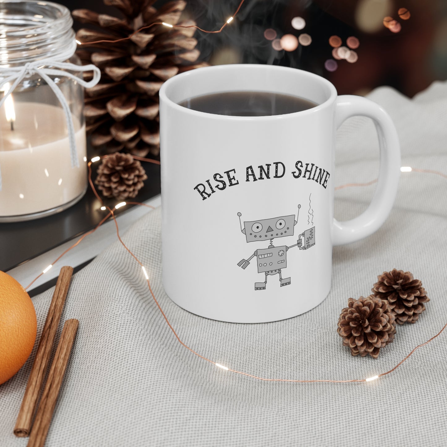White Ceramic Mug With A Funny Cartoon Robot Holding A Coffee Mug 11oz