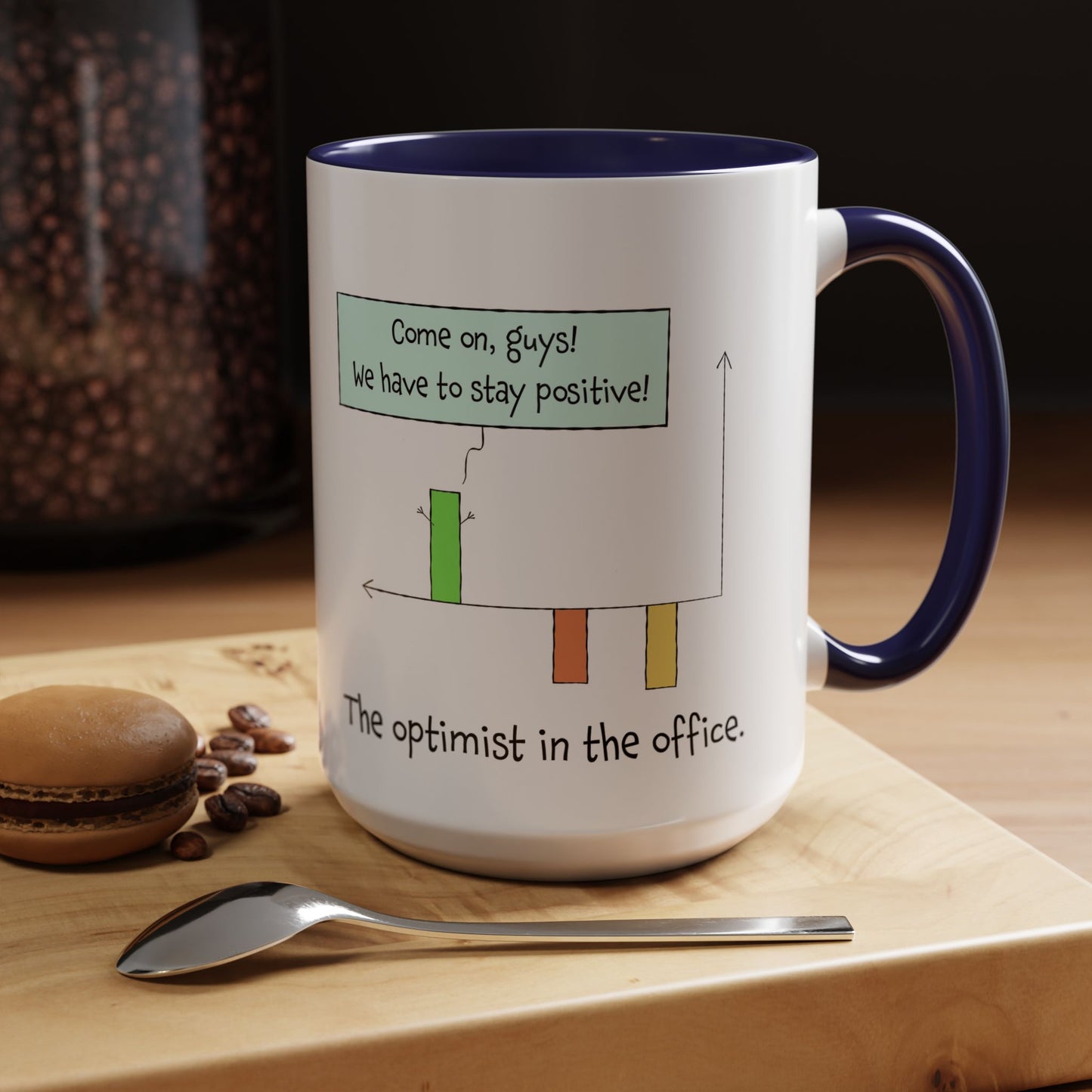 The Optimist In The Office And Positive Attitude pun joke colorful accent coffee mug 11oz and 15oz