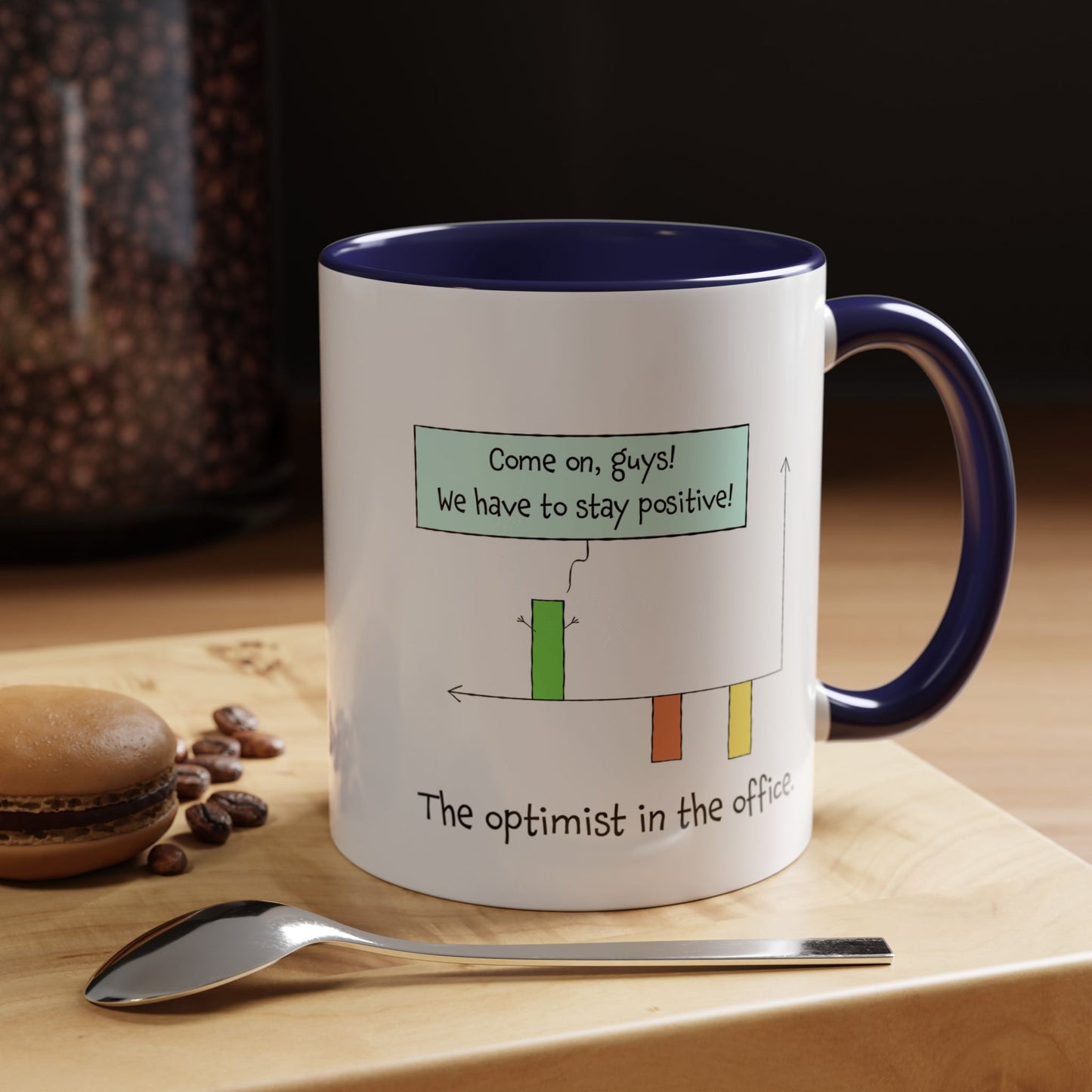 The Optimist In The Office And Positive Attitude pun joke colorful accent coffee mug 11oz and 15oz