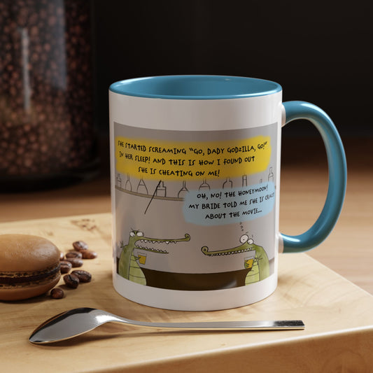 Godzilla Love Story With Two Crocodiles In A Bar And The Honeymoon Cartoon Accent Coffee Mug (11, 15oz)