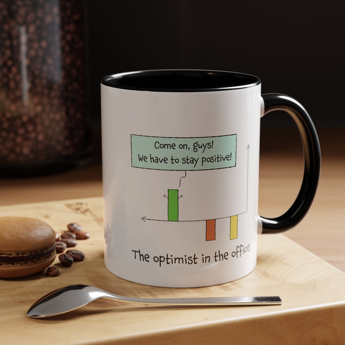 The Optimist In The Office And Positive Attitude pun joke colorful accent coffee mug 11oz and 15oz