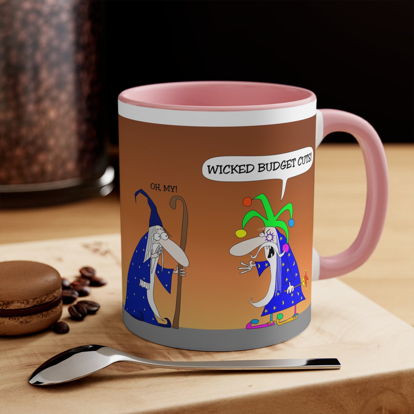 Two Funny Wizards With Stuff And Jester Hat The Magic Kingdom Budget Cuts Cartoon Two Tone Mug 11 0z