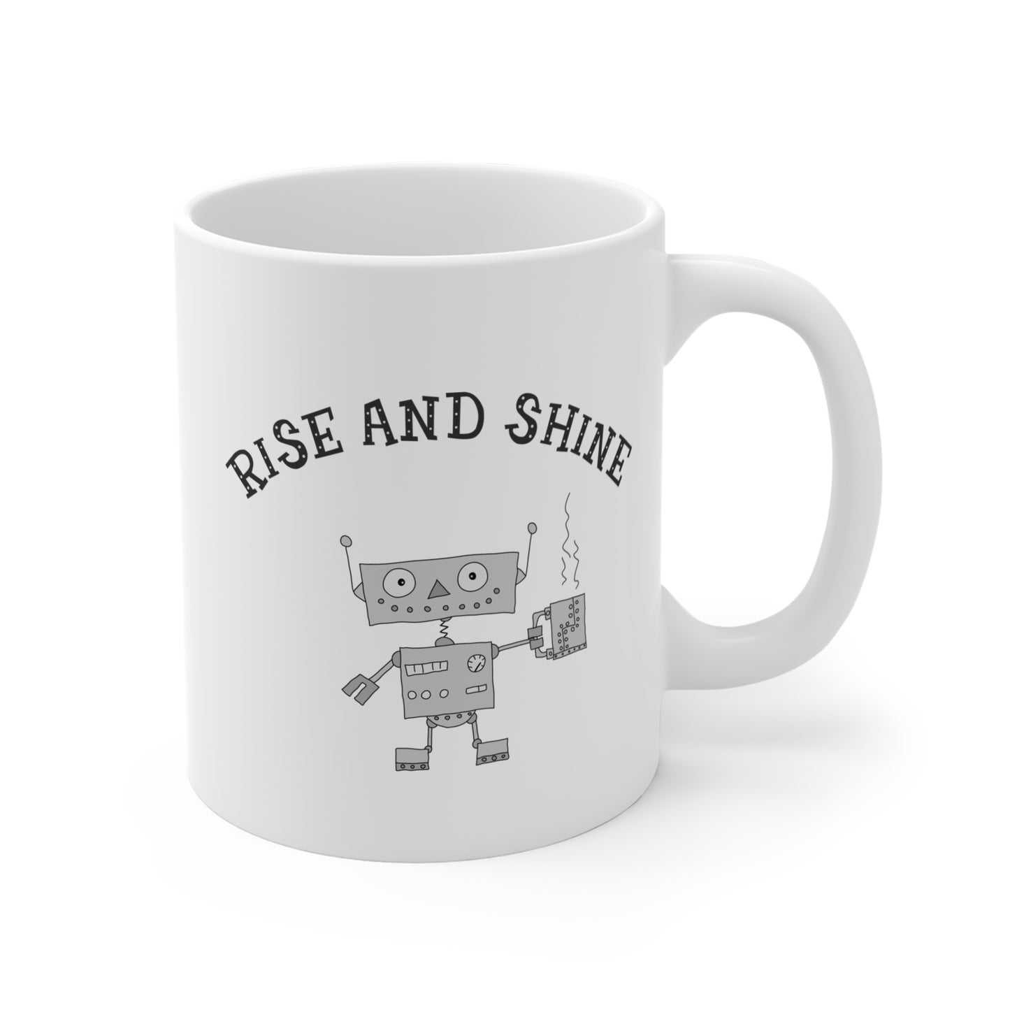 White Ceramic Mug With A Funny Cartoon Robot Holding A Coffee Mug 11oz