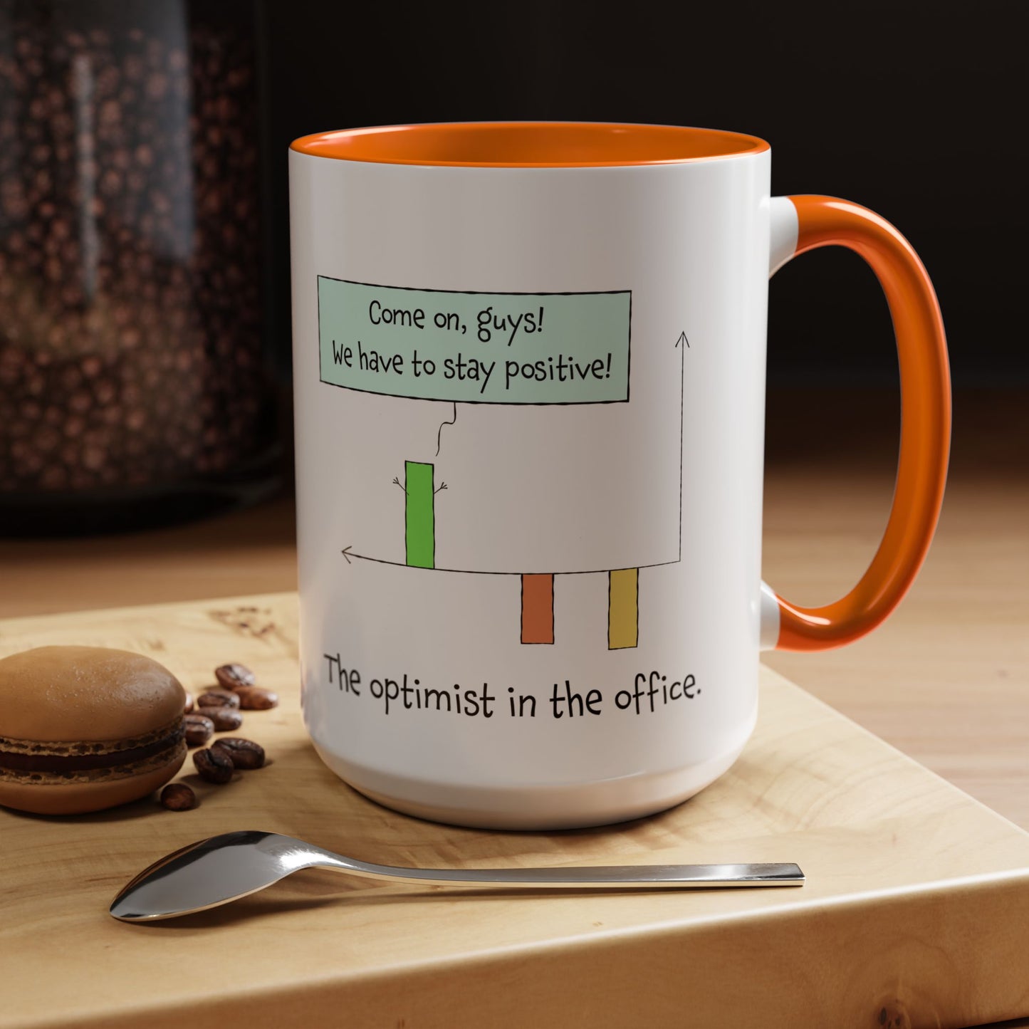 The Optimist In The Office And Positive Attitude pun joke colorful accent coffee mug 11oz and 15oz