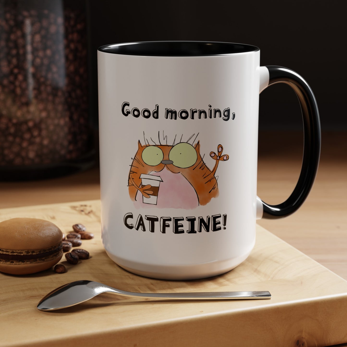 Cat Lovers Pun With A Funny Orange Feline Drinking Starbucks Coffee 11oz and 15oz Accented Mug