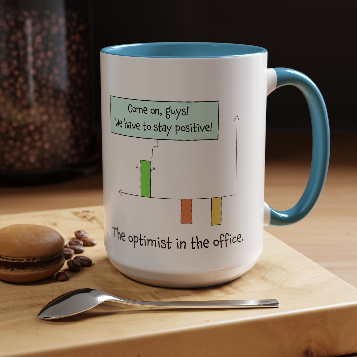The Optimist In The Office And Positive Attitude pun joke colorful accent coffee mug 11oz and 15oz
