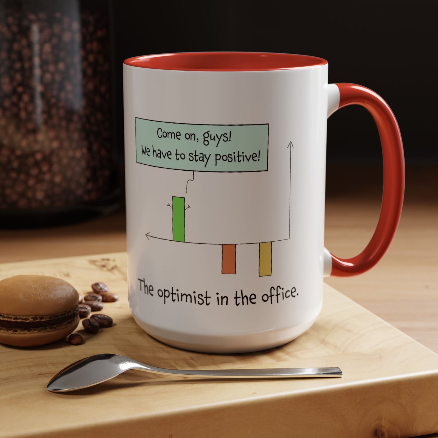 The Optimist In The Office And Positive Attitude pun joke colorful accent coffee mug 11oz and 15oz