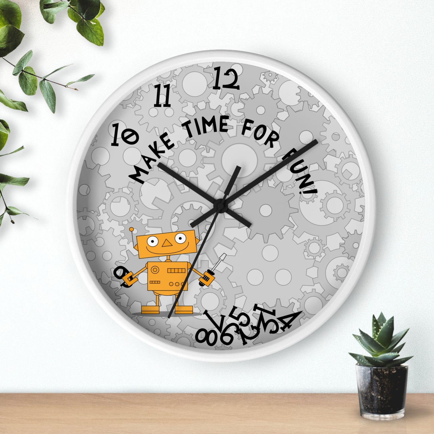 Funny Robot Wall Clock For Kids' Room Make Time for Fun With Black and Wooden Frame 10 inches