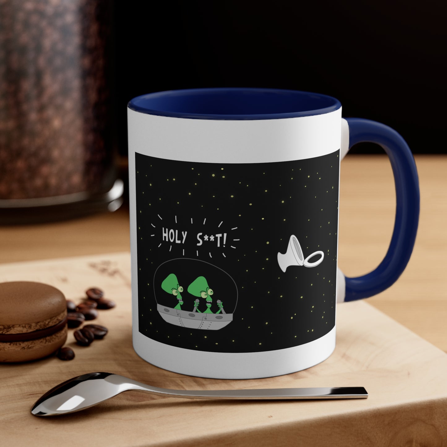 Two Weird Aliens And A Toilet Seat In Space Dad Joke Cartoon On 11oz Accent Coffee Mug