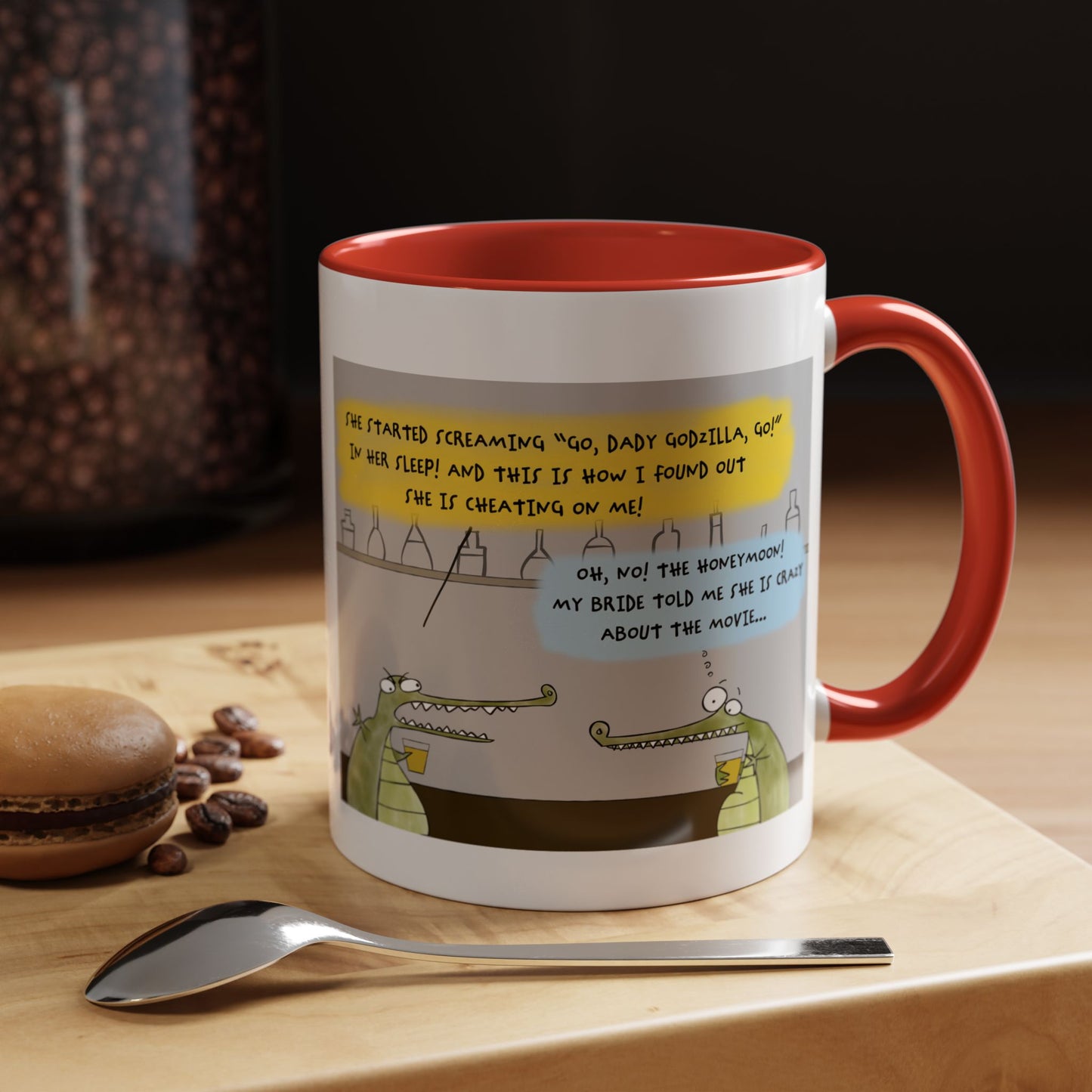 Godzilla Love Story With Two Crocodiles In A Bar And The Honeymoon Cartoon Accent Coffee Mug (11, 15oz)