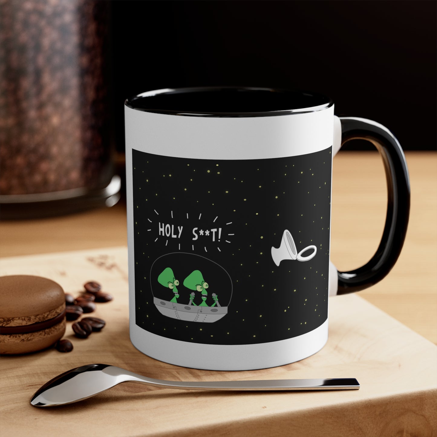 Two Weird Aliens And A Toilet Seat In Space Dad Joke Cartoon On 11oz Accent Coffee Mug