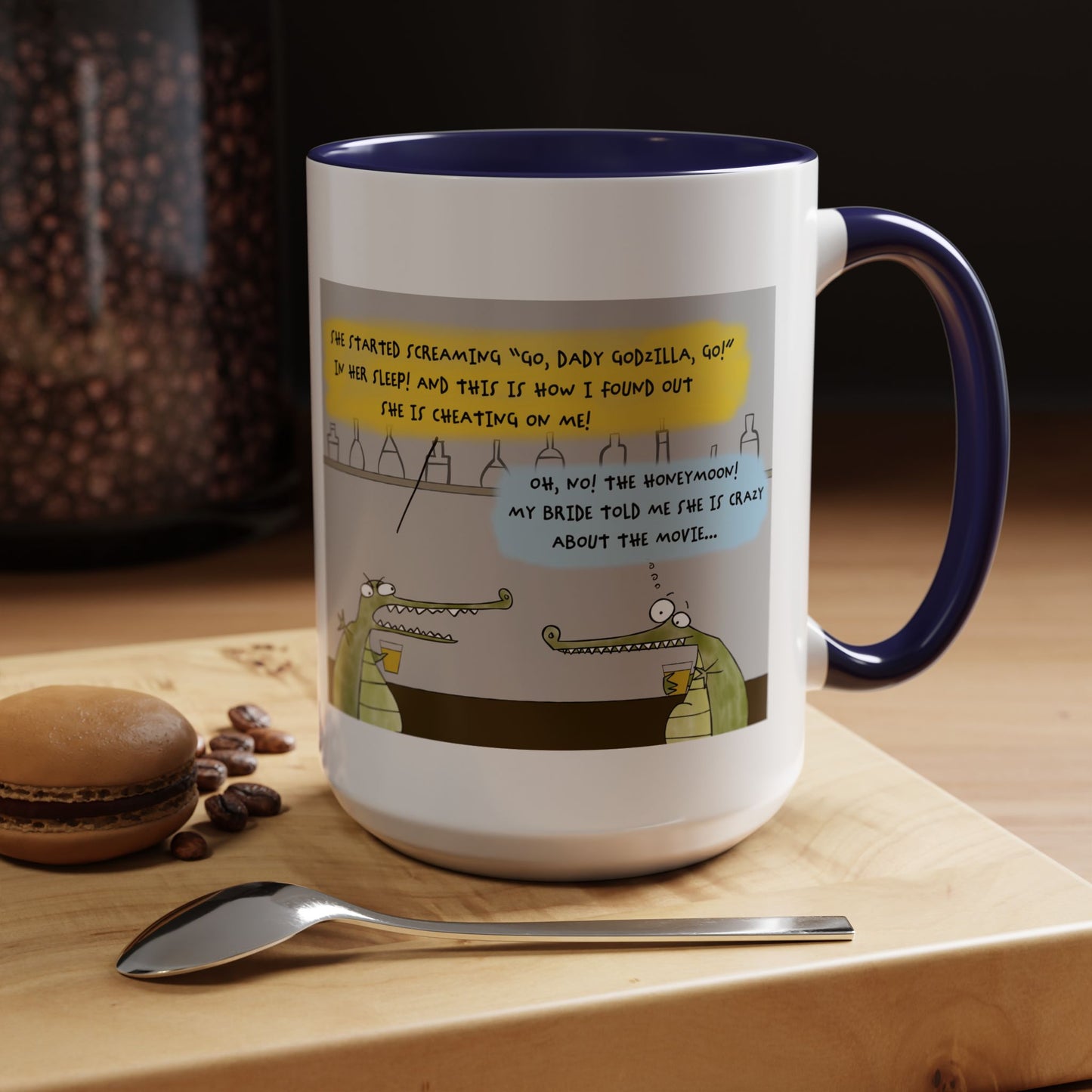 Godzilla Love Story With Two Crocodiles In A Bar And The Honeymoon Cartoon Accent Coffee Mug (11, 15oz)