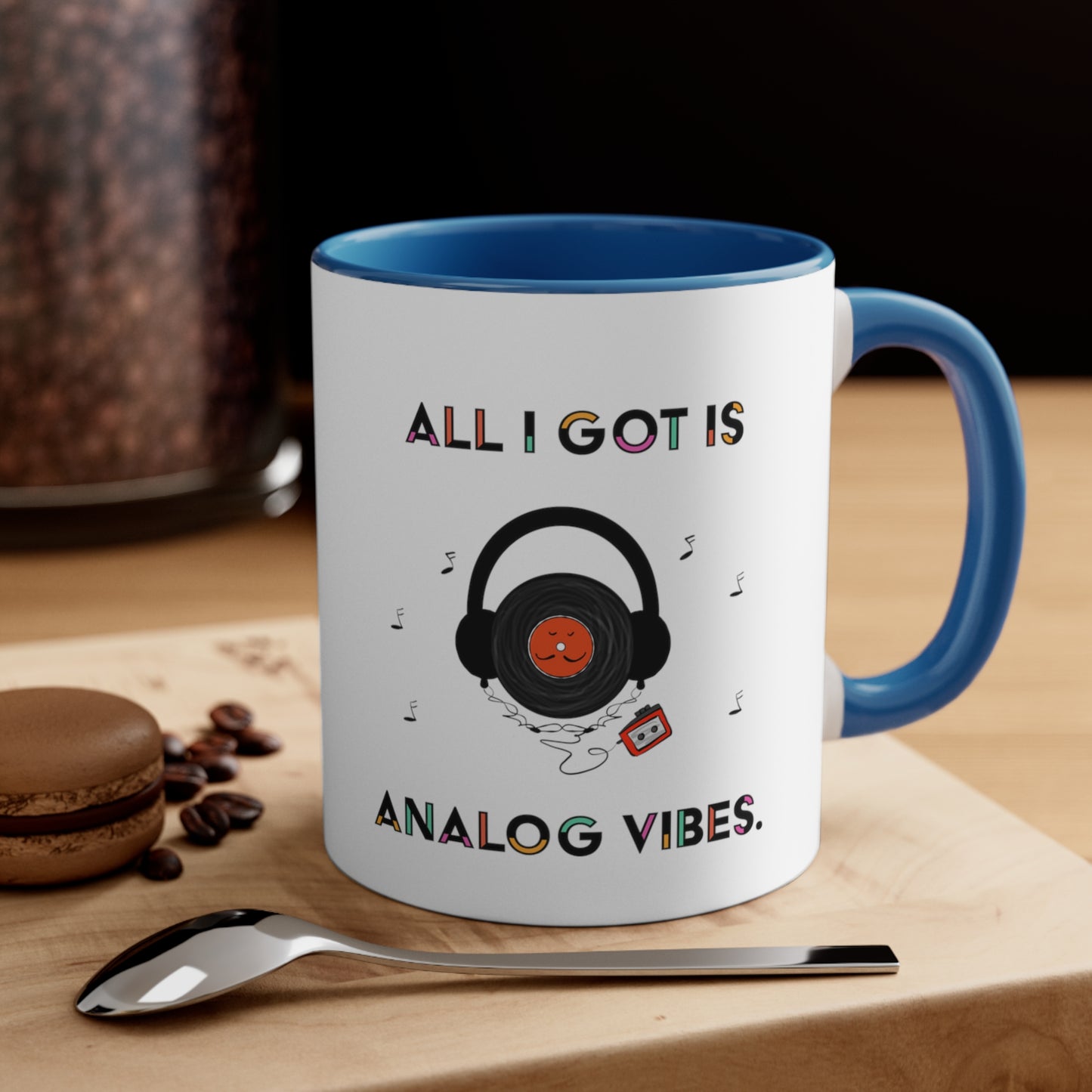 Good Vibes And Music Coffee Mug For Audiophile With A Cartoon Vinyl And Walkman Cassette Player joke 70' and 80's Music