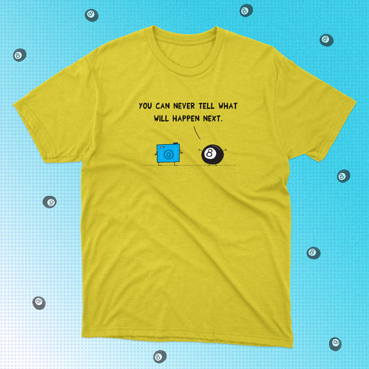 Funny T-Shirt With Cartoon Of 8 Ball Predicting The Future To A Digital Camera classic fit cotton t-shirt