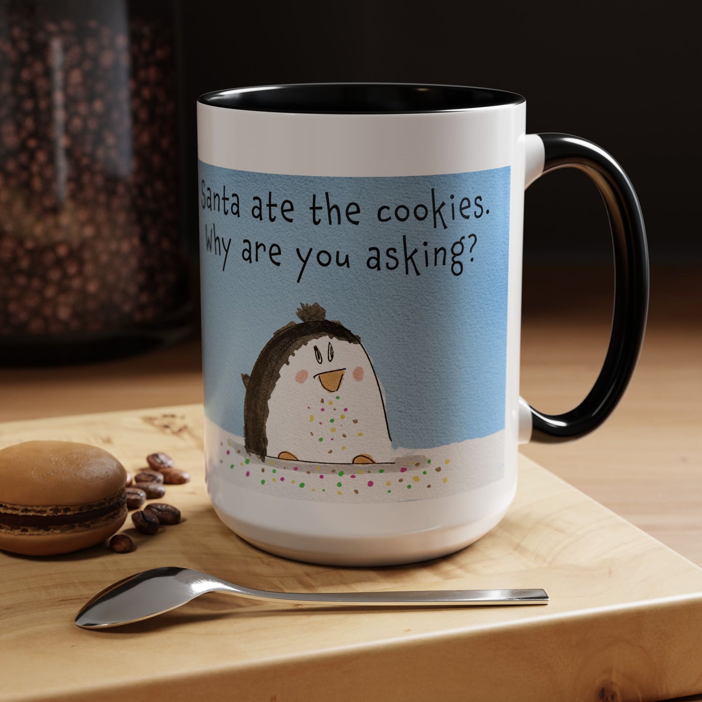 Christmas Holiday Season Coffee Mug With A Funny Penguin and Santa's cookies 11 oz and 15 oz