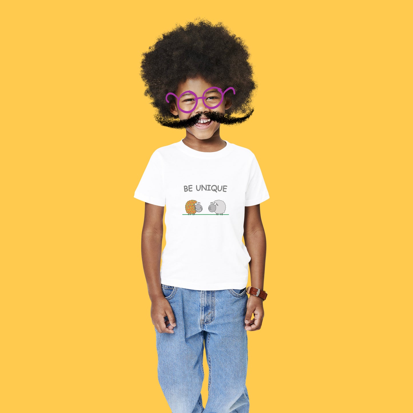 Cotton Shirt with Colorful Cute Sheep And Inspirational Message Be Unique Illustration