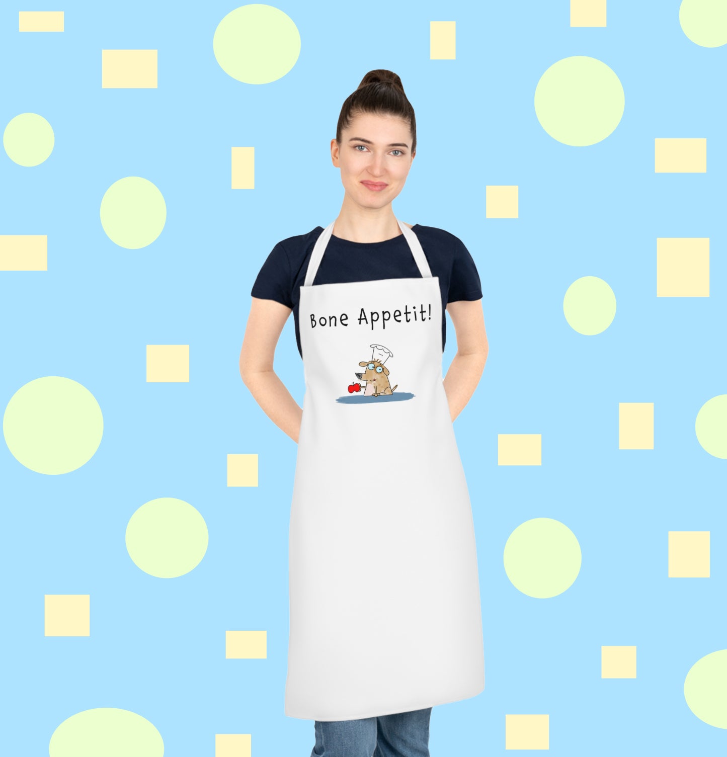 Apron For Dog Lovers With A Cute Brown Dog Chef Holding A Red Apple Bon Appetite Joke