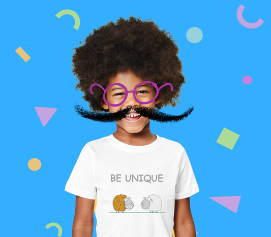 Be Unique Illustration with Colorful Cute Sheep and Inspirational Message Cotton Shirt for Positive Children