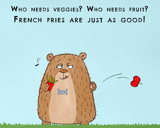 Funny Bear Eating Apple And French Fries Joke About FDA Food Pyramid And Nutrition print for kitchen or living room