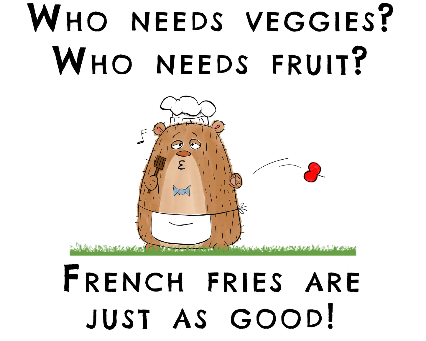 White Apron With Funny Brown Cartoon Bear Singing Funny Song About Apples French Fries And A Healthy Diet funny jingle