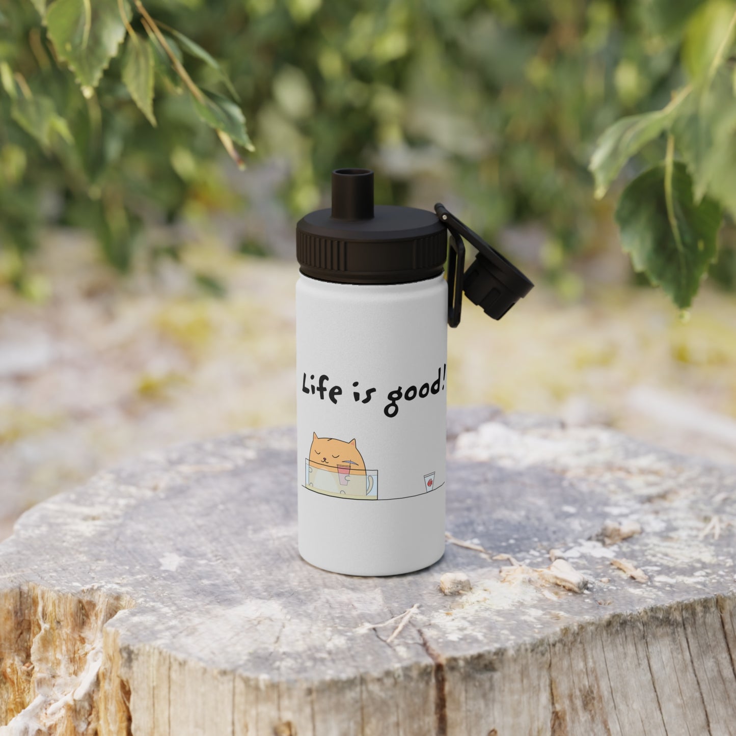 Life Is Good Water Bottle With A Cute Cat And A Fish Stainless Steel 12oz, 18oz, 32oz