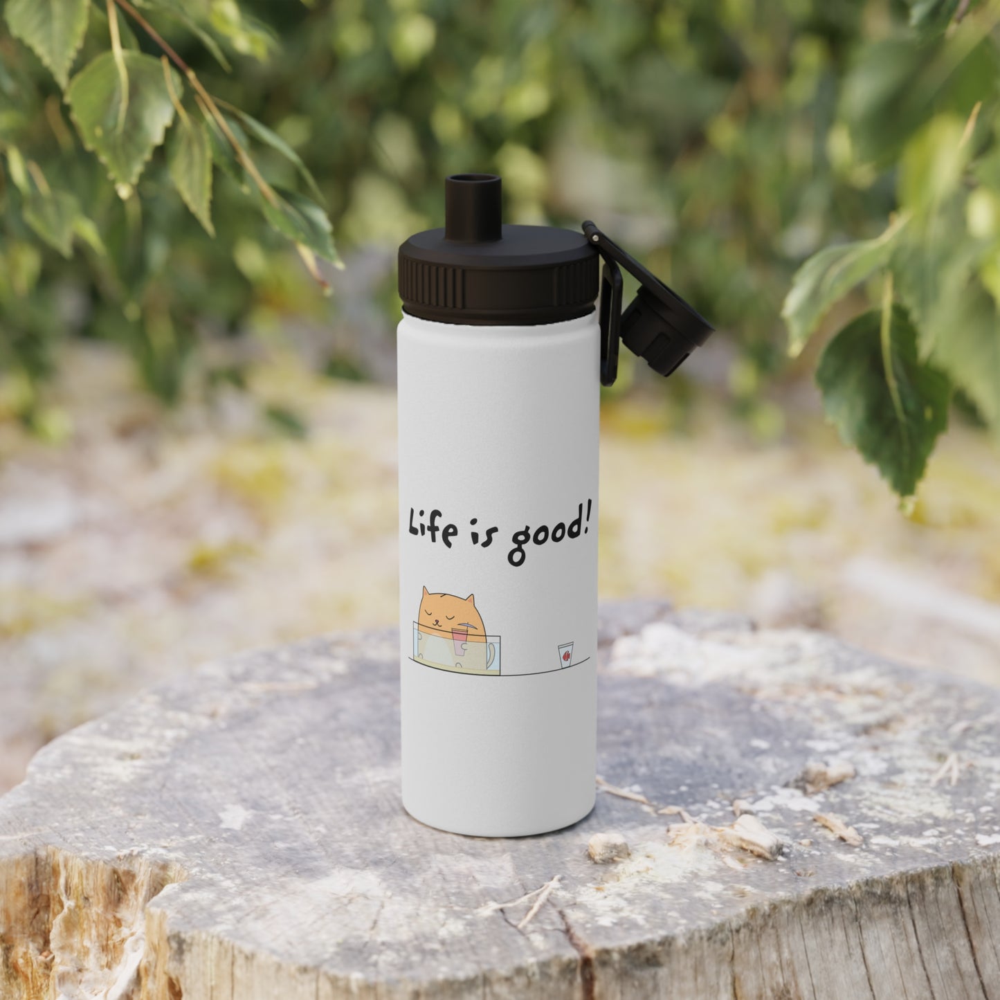 Life Is Good Water Bottle With A Cute Cat And A Fish Stainless Steel 12oz, 18oz, 32oz