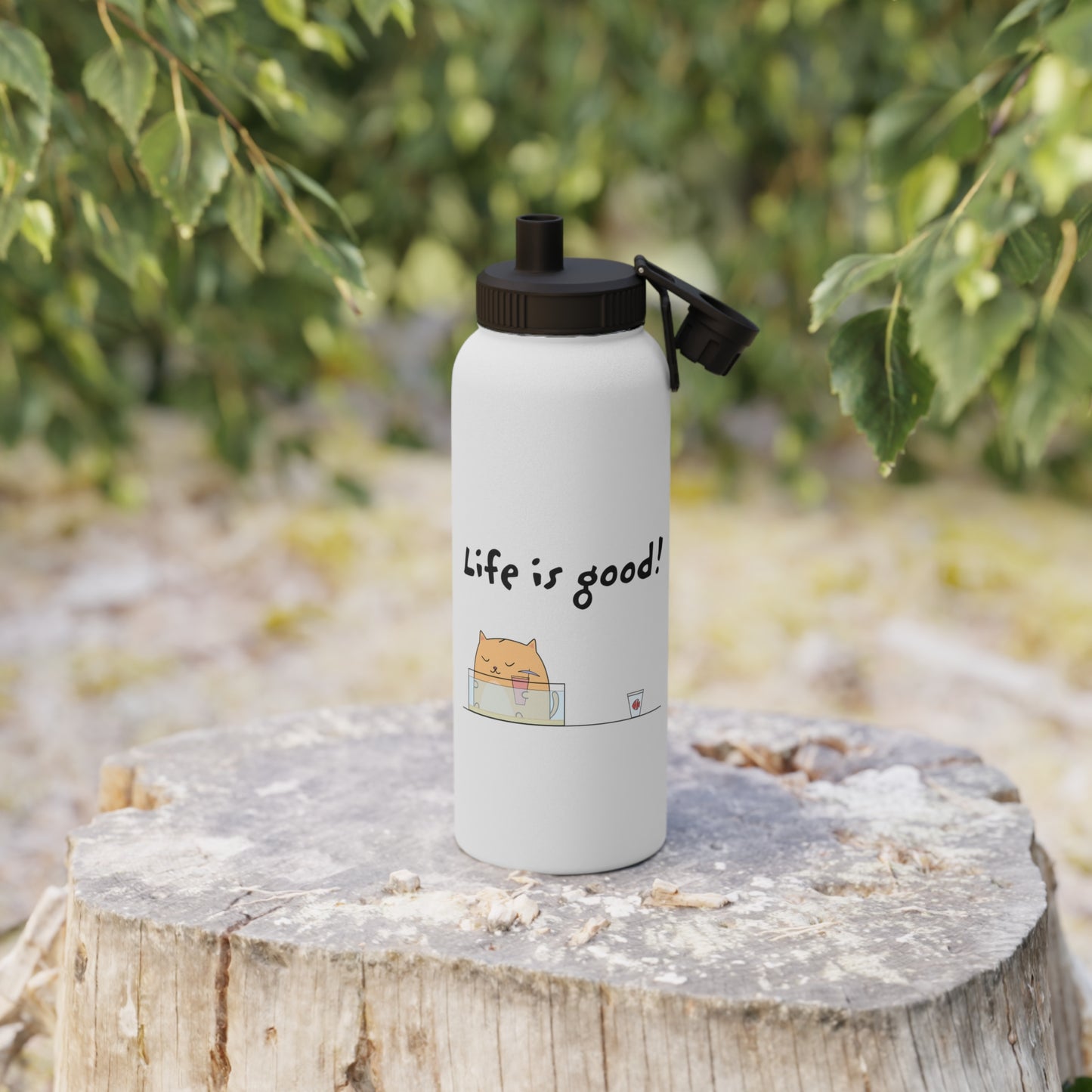 Life Is Good Water Bottle With A Cute Cat And A Fish Stainless Steel 12oz, 18oz, 32oz