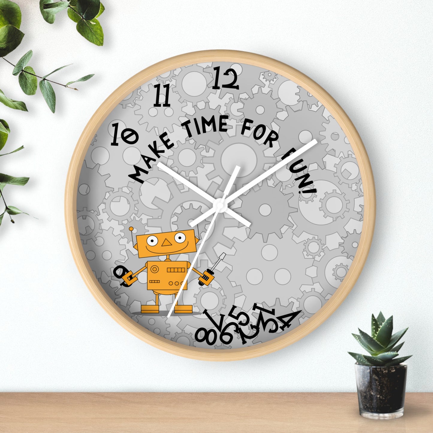 Funny Robot Wall Clock For Kids' Room Make Time for Fun With Black and Wooden Frame 10 inches