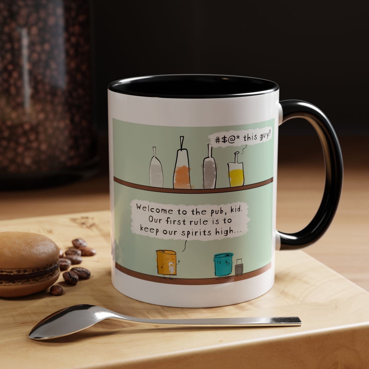 Bar Pun Joke With Bottles On Shelf And Two Beer Cans A Young Zen Student Walks Into A Bar Meets Wise Zen Master Accent Coffee Mug 11oz