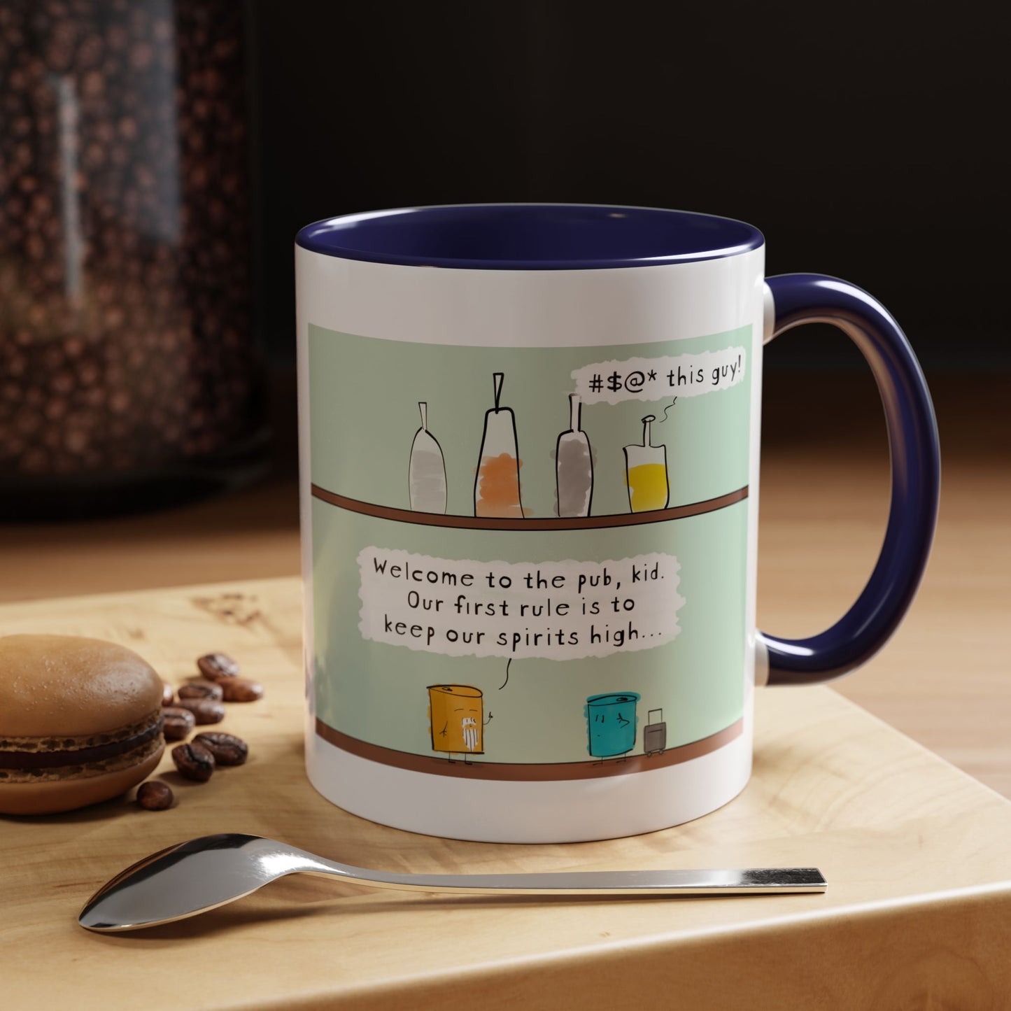 Bar Pun Joke With Bottles On Shelf And Two Beer Cans A Young Zen Student Walks Into A Bar Meets Wise Zen Master Accent Coffee Mug 11oz