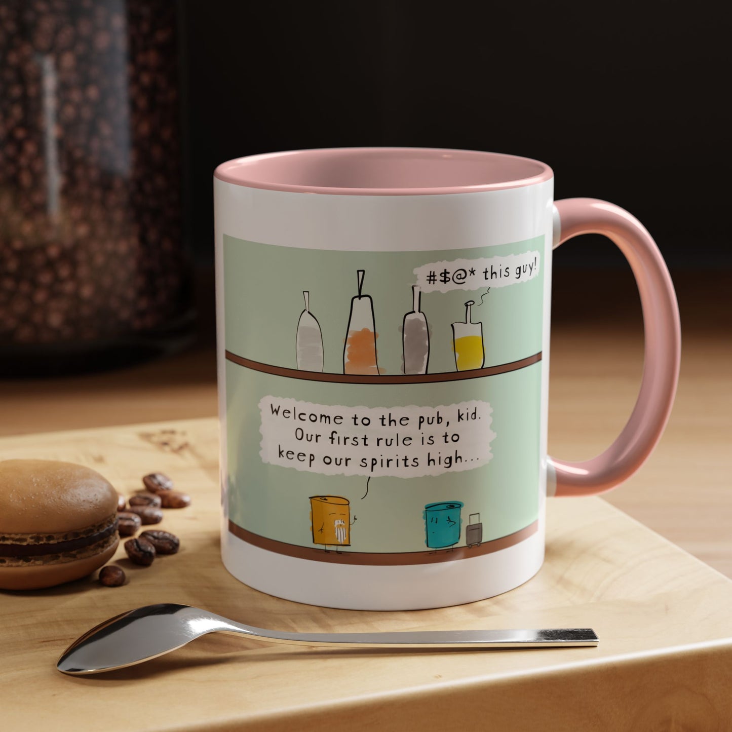 Bar Pun Joke With Bottles On Shelf And Two Beer Cans A Young Zen Student Walks Into A Bar Meets Wise Zen Master Accent Coffee Mug 11oz