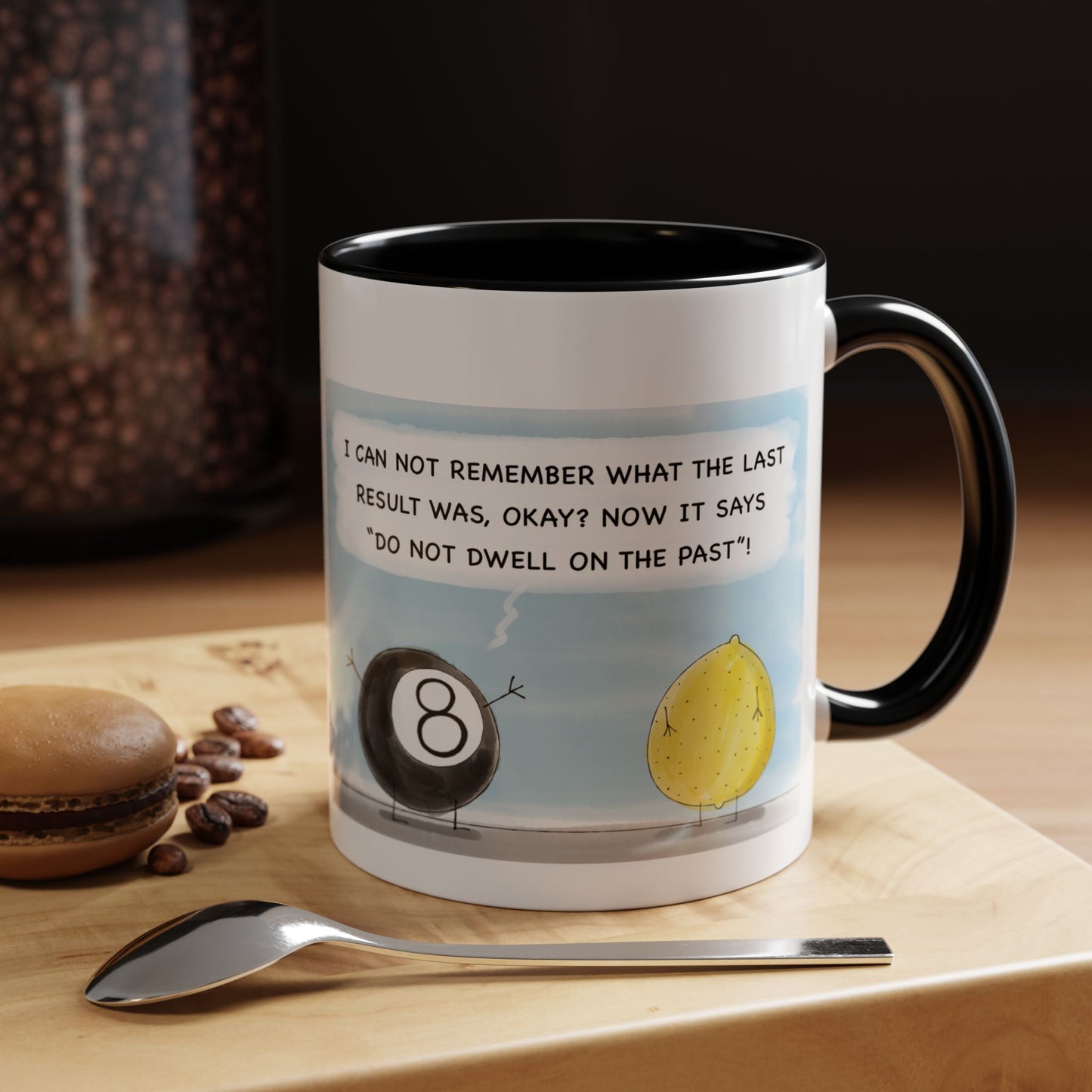 A Funny Pun With Eight Ball Telling The Past And The Future To A Silly Lemon cartoon Accent Coffee Mug 11oz