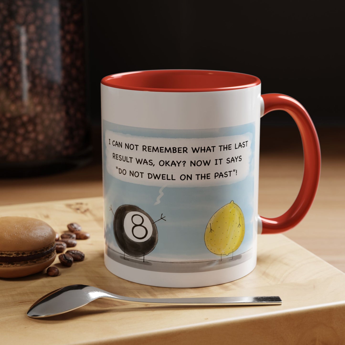 A Funny Pun With Eight Ball Telling The Past And The Future To A Silly Lemon cartoon Accent Coffee Mug 11oz