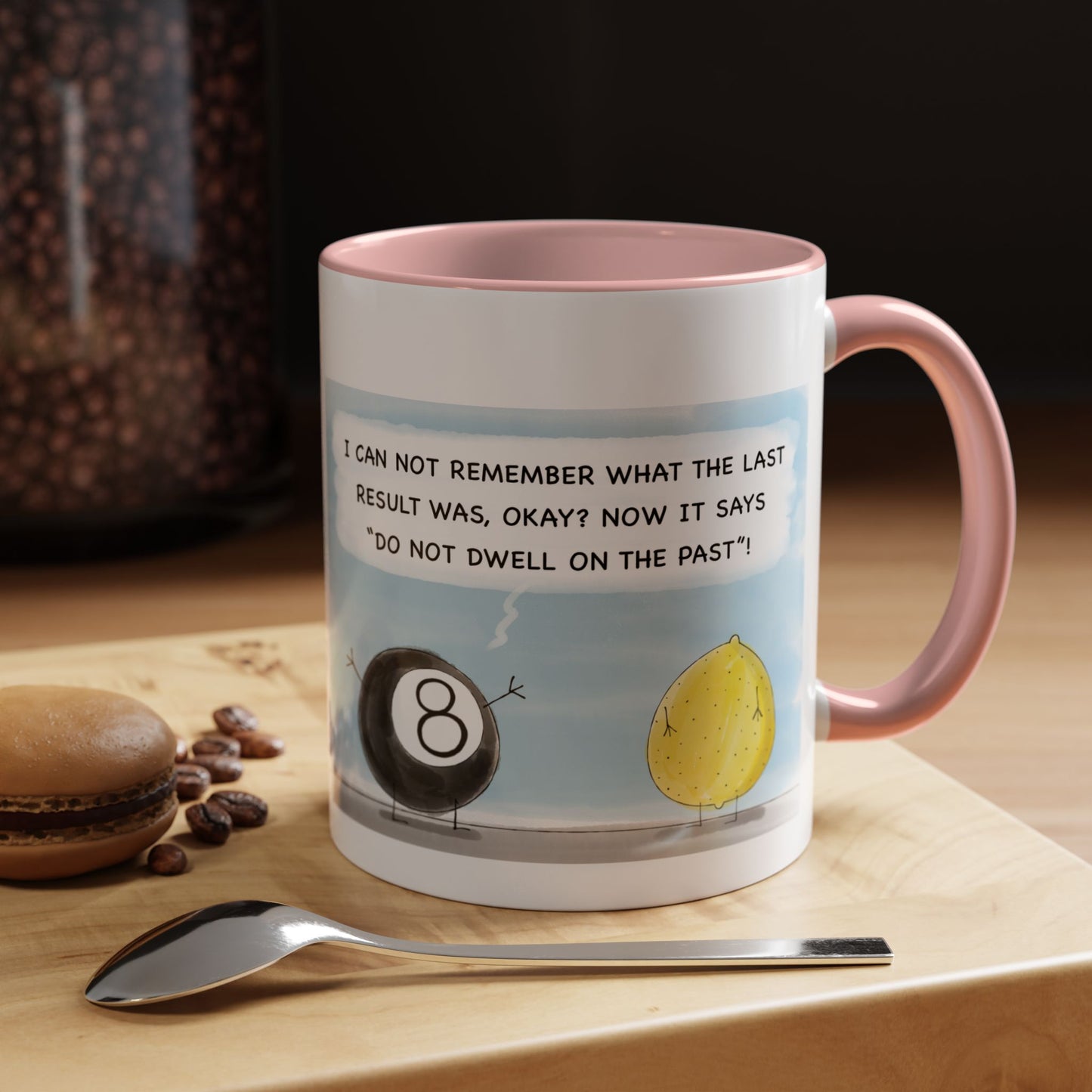 A Funny Pun With Eight Ball Telling The Past And The Future To A Silly Lemon cartoon Accent Coffee Mug 11oz