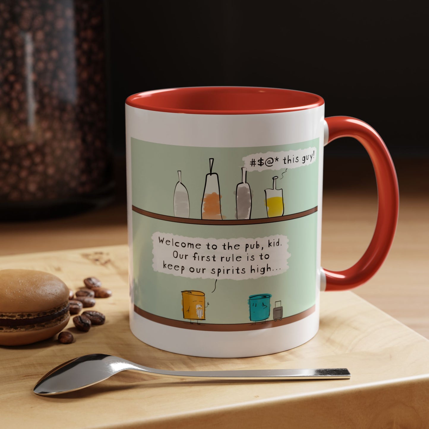 Bar Pun Joke With Bottles On Shelf And Two Beer Cans A Young Zen Student Walks Into A Bar Meets Wise Zen Master Accent Coffee Mug 11oz