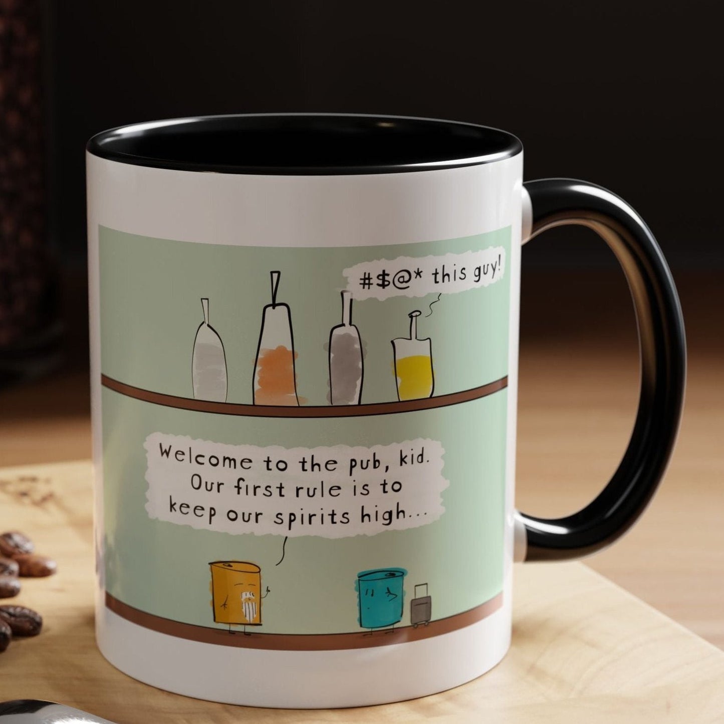 Bar Pun Joke With Bottles On Shelf And Two Beer Cans A Young Zen Student Walks Into A Bar Meets Wise Zen Master Accent Coffee Mug 11oz