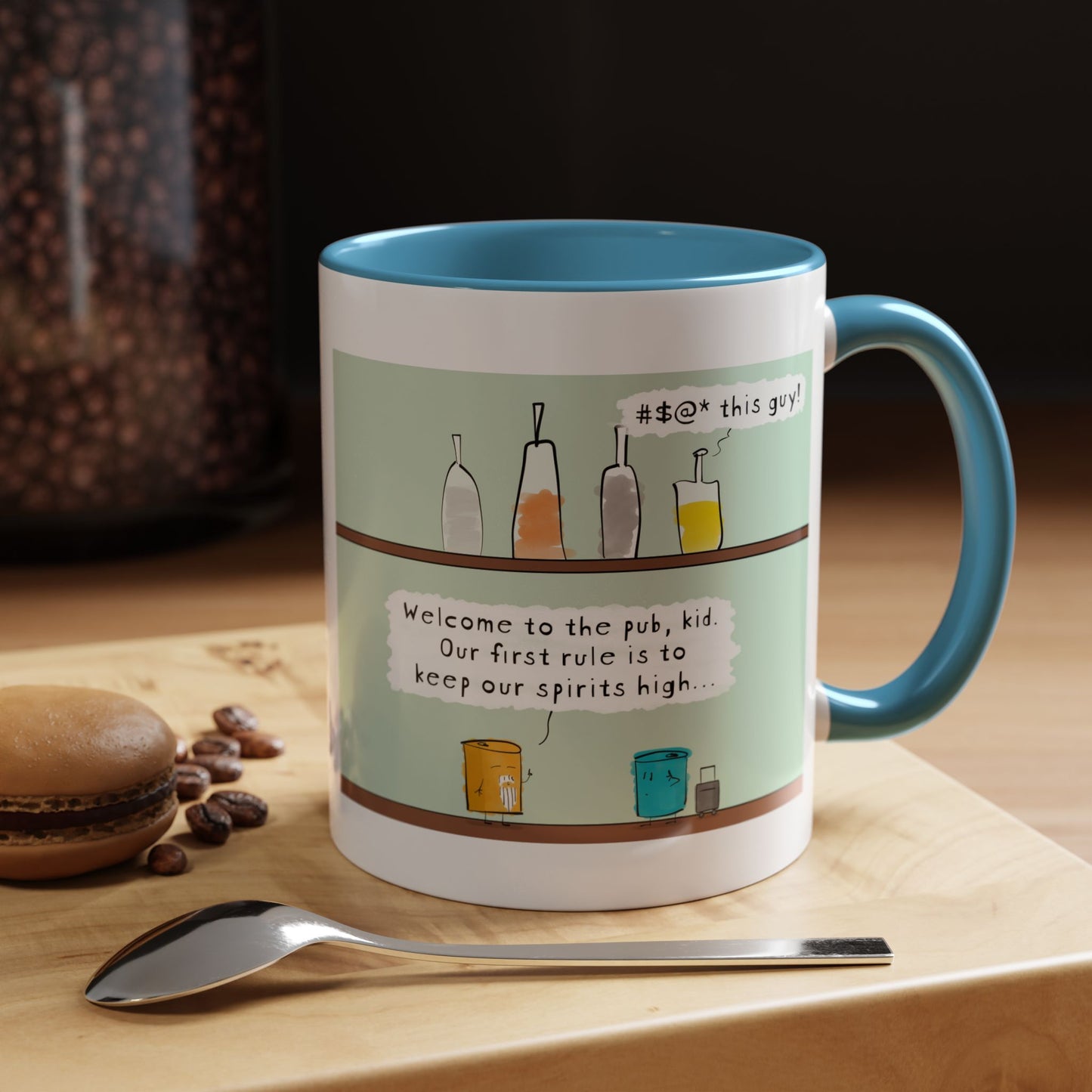 Bar Pun Joke With Bottles On Shelf And Two Beer Cans A Young Zen Student Walks Into A Bar Meets Wise Zen Master Accent Coffee Mug 11oz