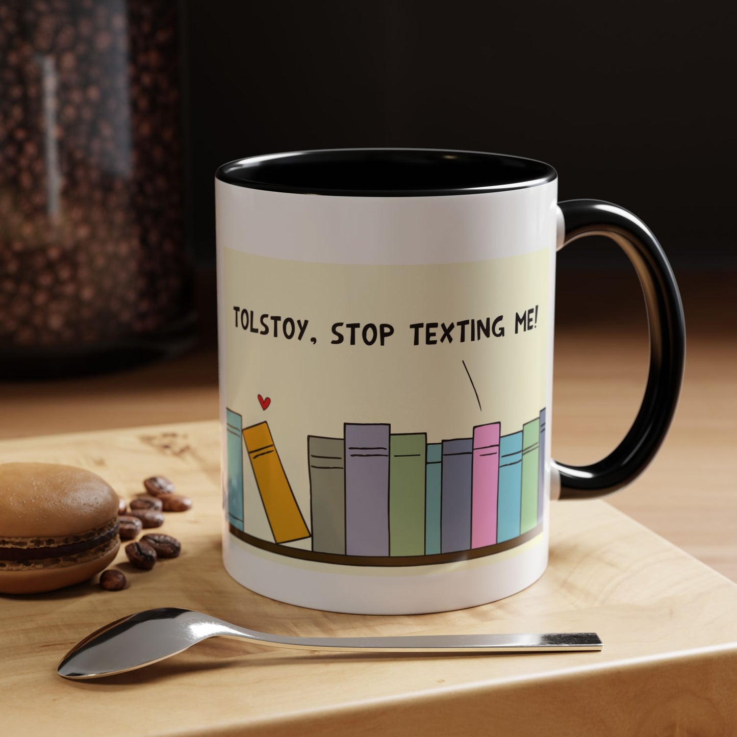 Funny Pun With Books And Tolstoy Texting His Lover In The Public Library Coffee Mug 11 oz